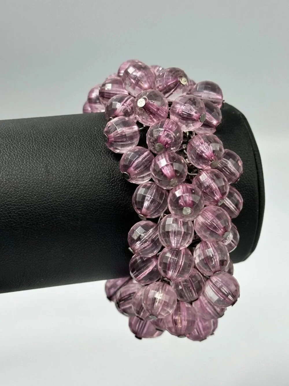 Vintage Cha Cha Expansion Bracelet Purple Faceted Round Beads Silver Tone